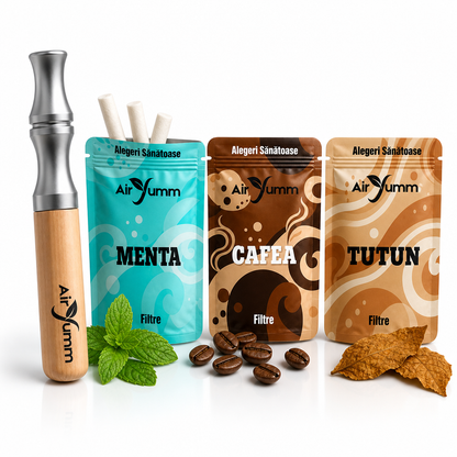 Kit AirYumm: dispozitivul din lemn și 3 arome de filtre — Menta, Cafea, Tutun.