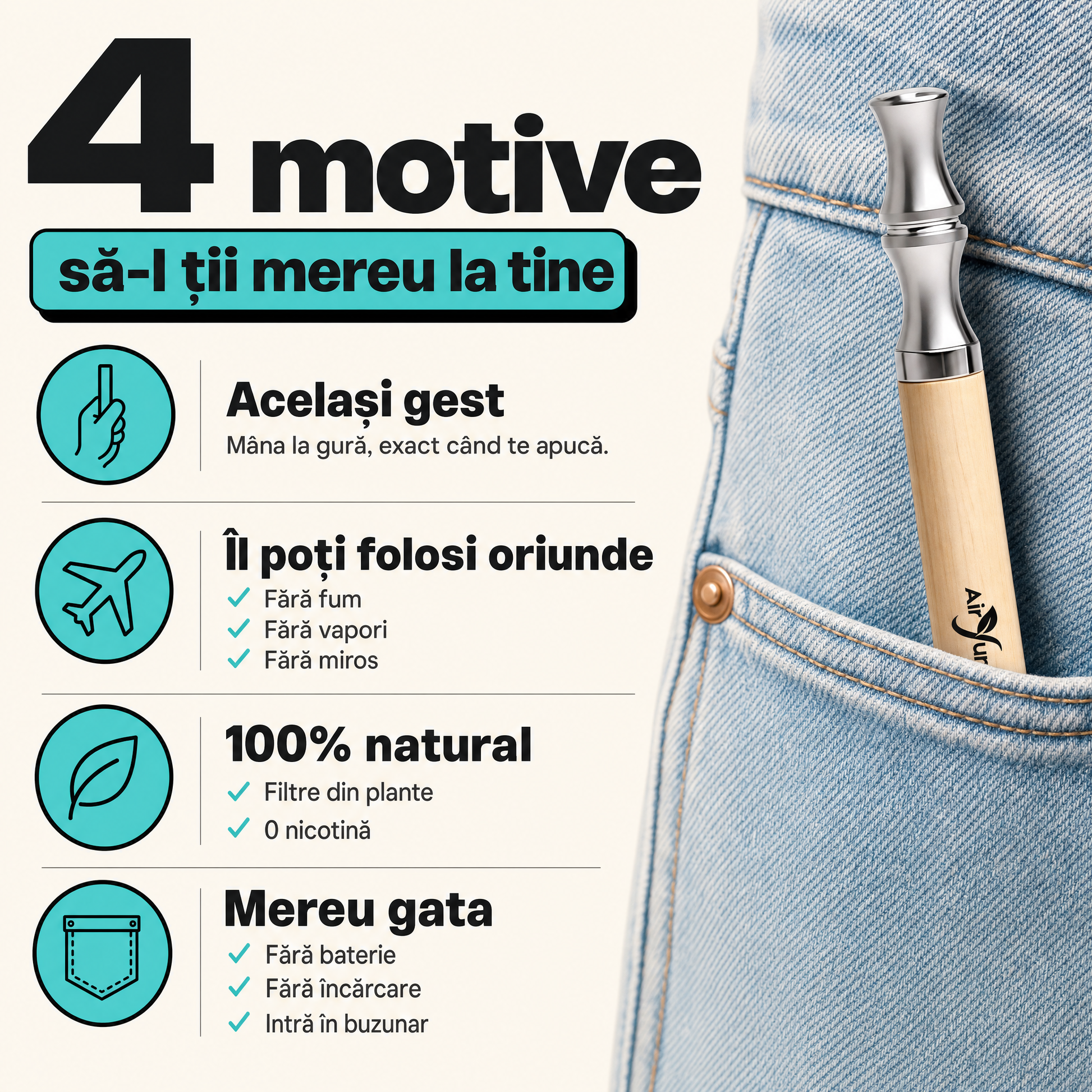 4 motive să-l ții mereu la tine: același gest, îl poți folosi oriunde, 100% natural, mereu gata.